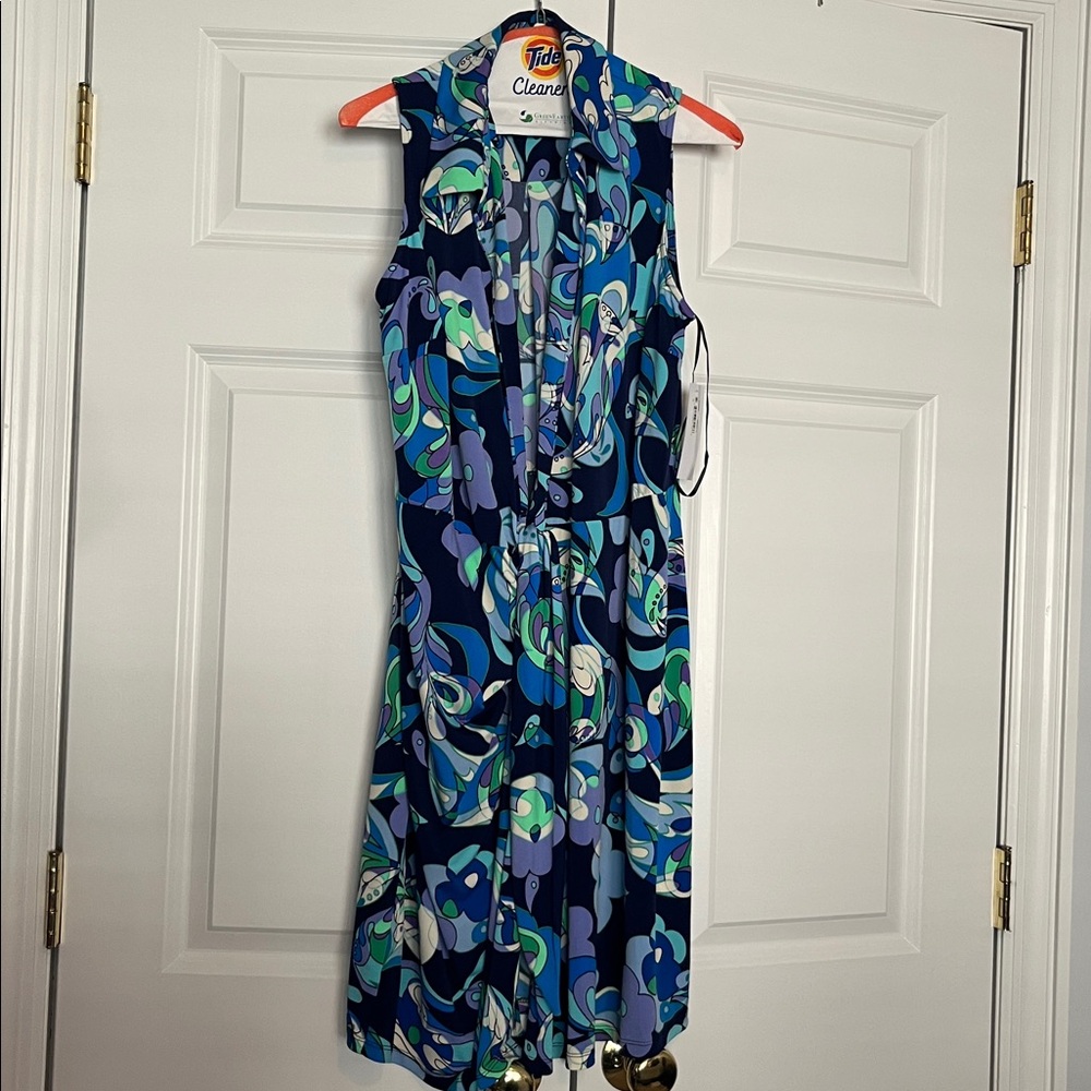 Donna Morgan Blue and Green Abstract wrap Dress, size 10